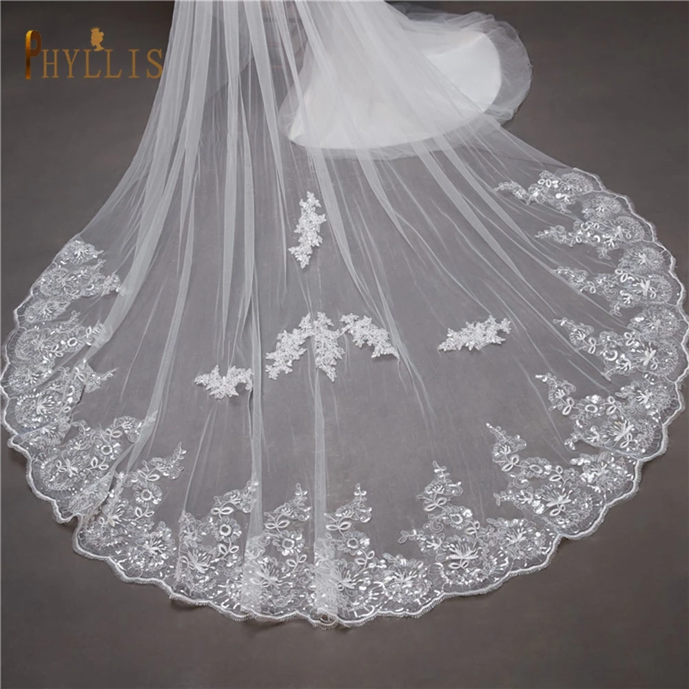 B54 velo da sposa cattedrale da donna 2 livelli velo da sposa lungo pizzo pizzo Applique bordo con pettine cattedrale lunghezza velo velo da sposa