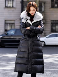 Winter Down Jacket Large Natural Fox Fur Collar Hooded Thick White Duck Down Coat Women Long Parka Female Overcoat With Belt