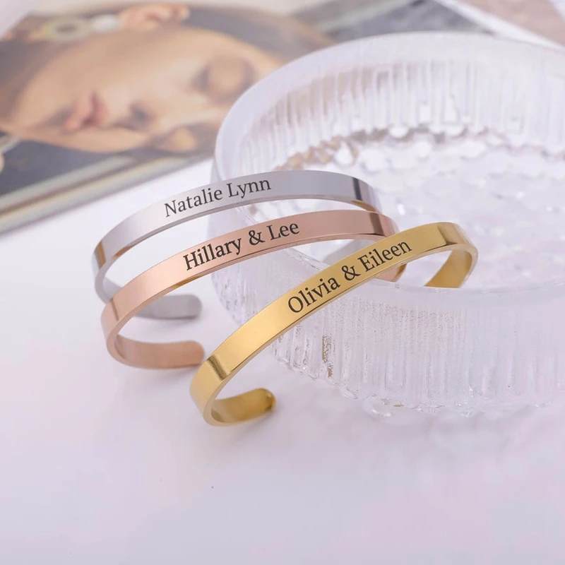 Brazalete de acero inoxidable con grabado láser, pulsera personalizada con nombre, fecha y letras, doble cara, 6mm de ancho, regalo