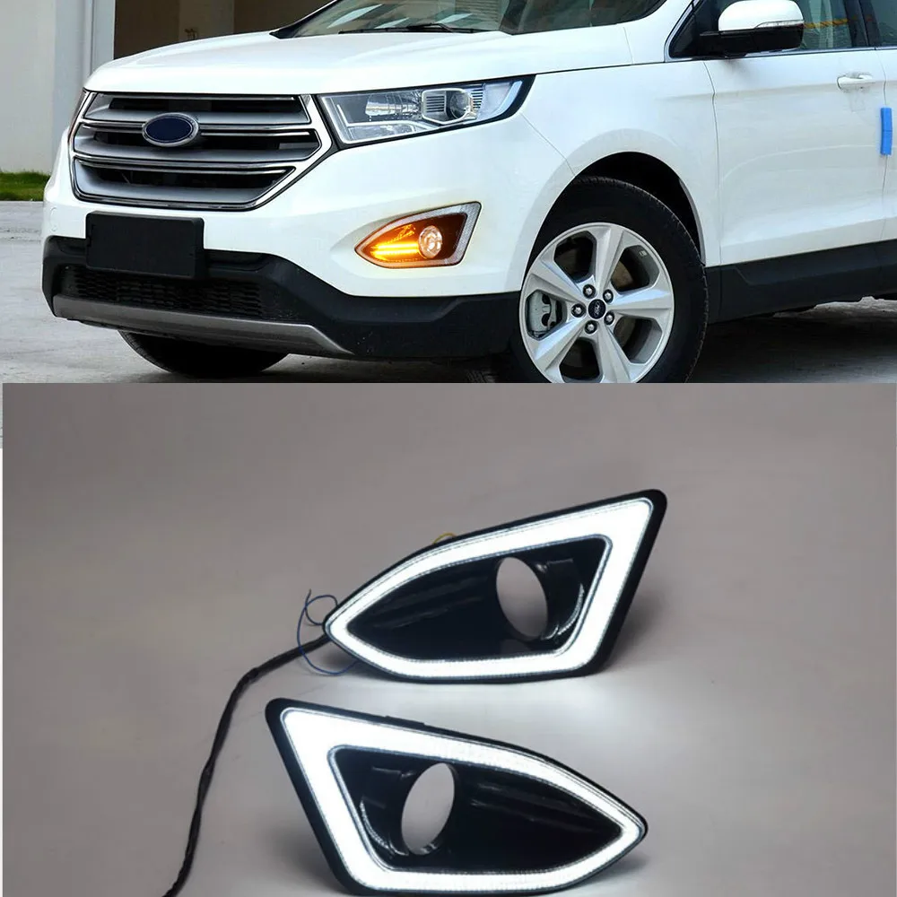 2Pcs LED DRL For Ford Edge 2015 2016 Daytime Running Light 12V Waterproof Yellow siganl Fog Lamp With Fog Lamp Hole