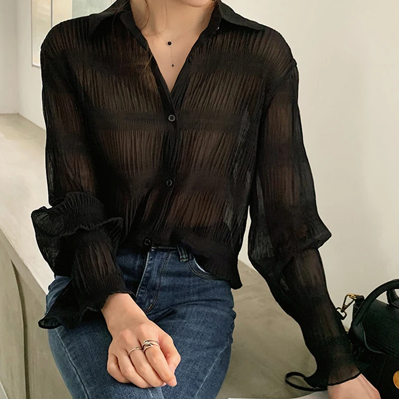 New 2023 Spring Vintage Elegant Women Chiffon Blouses Casual Long Sleeve Blusas Femme Turn-down Collar Solid Shirts Female Tops