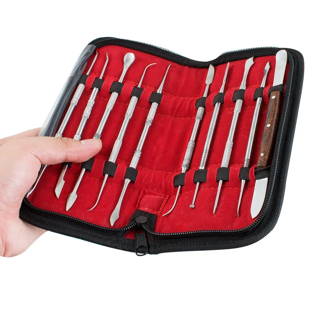 10Pcs Dental Versatile Practical Stainless Steel  Teeth Wax Carving Tool Set Dental Instrument Kit Dental Tool With PU Holder