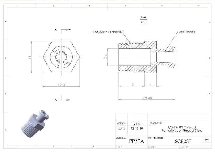 1Pc Female Luer to Thread fittings - Male thread 1/4-28UNF, 1/8-27NPT