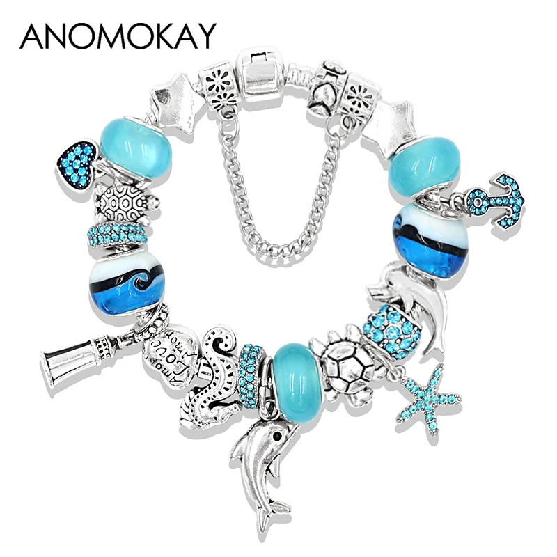 Blue Ocean Dolphin Tortoise Animal Charm Bracelets & Bangles Fashion Murano Bead Bracelet Jewelry Pulseras for Women Child Gift