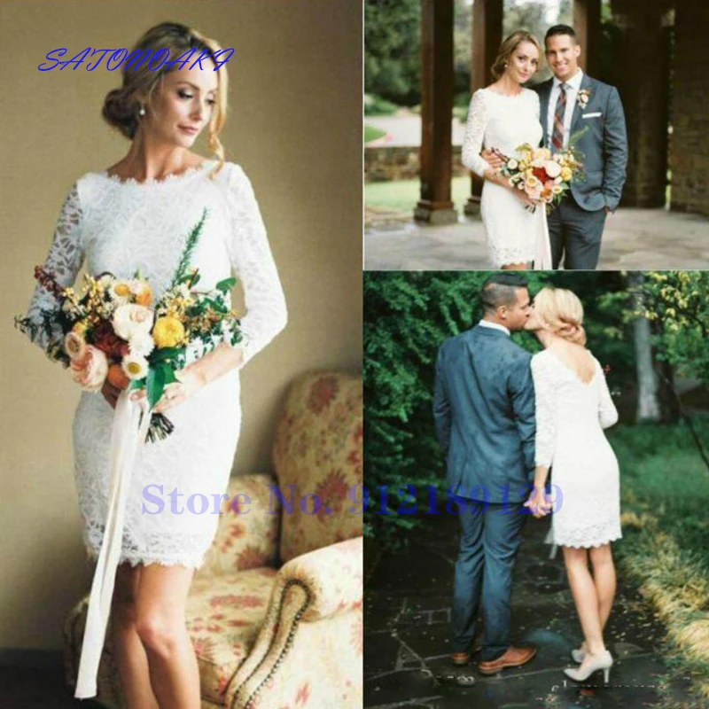 

Vestidos De Novia 2024 Long Sleeve Short Lace Wedding Dresses Elegant Sheath Romantic Beach Bridal Gowns Custom Made Robe Mariée