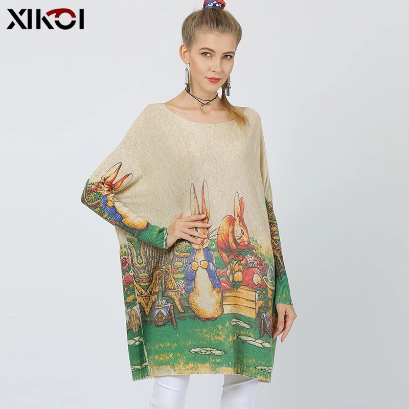 XIKOI Women Cute Rabbit Oversived Knitted Sweater Dress Winter Warm Wool Pullovers Slash Neck Pull Femme Animal Print jumper New