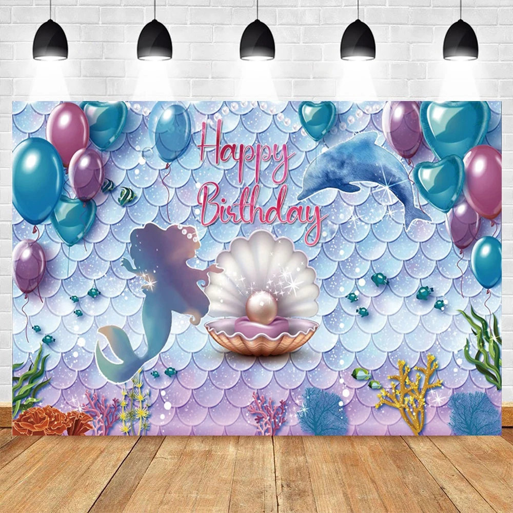 

Under The Sea Little Mermaid Birthday Party Backdrop Girl Princess Scales Birthday Backdrop Pearl Whale Background Banner Props