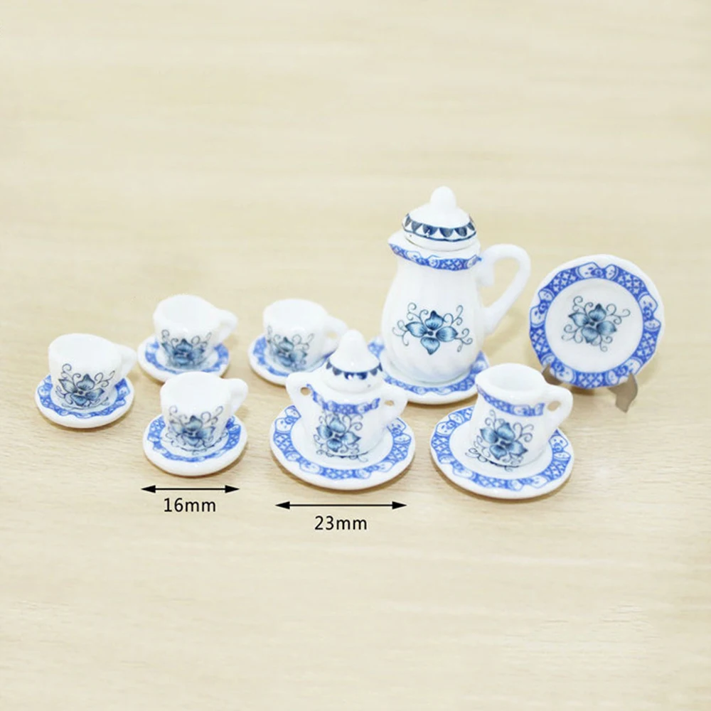 15Pcs 1/12 Dollhouse Miniature Accessories Mini Ceramic Tea Set Simulation Kettle Cup Plate Model for Doll House Decoration