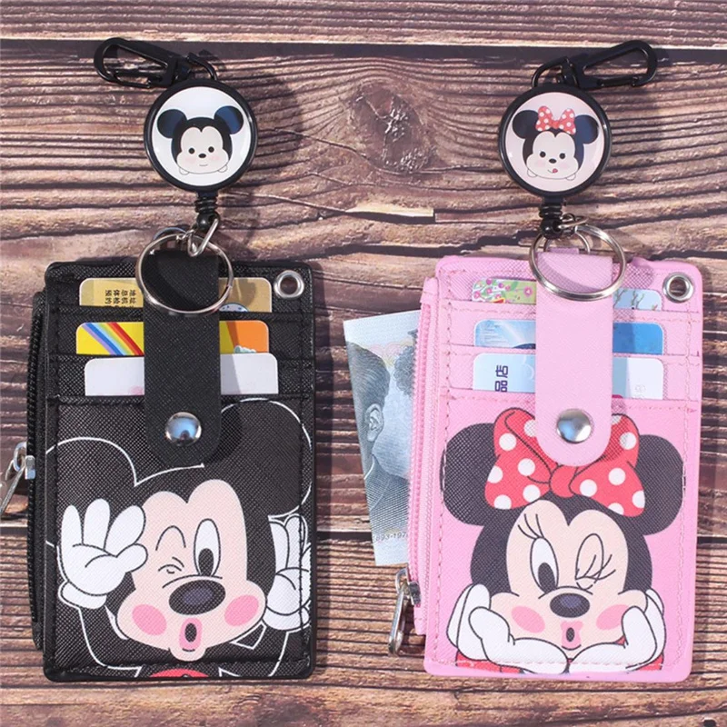 

Disney New Minnie Mickey Mouse hanging neck retractable card holder campus card meal card ID card shell leather case multi-card