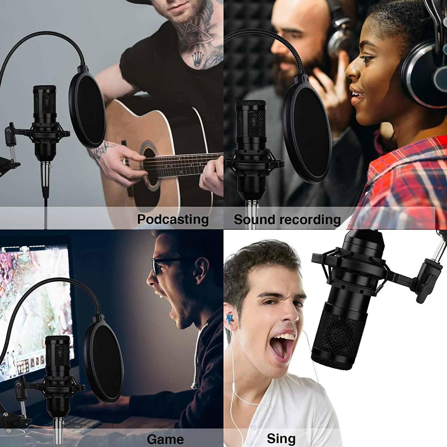 Kondensatormikrofon-Bundle-Set, professionelles Studio-Mikrofon-Set mit Nierencharakteristik und Mikrofon-Aufhängung, Scherenarmständer, Stoßdämpferhalterung für Reco