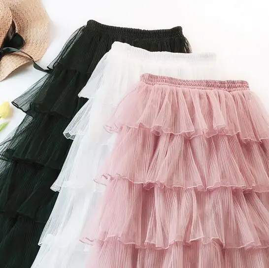 Womens Cake Layered Maxi Long Tulle Skirts Streetwear Tiered Mesh Ruffled Tutu Ankle Long Skirts Pink Gray Ivory