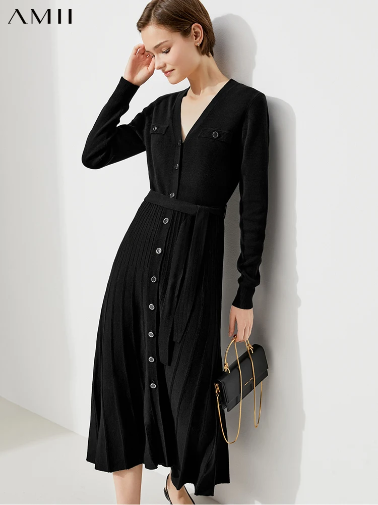 

Amii Minimalism New Dresses For Women Elegant Vneck Button Sashes Black Dress Winter Knitted Dress Female Maxi Dress 12140968