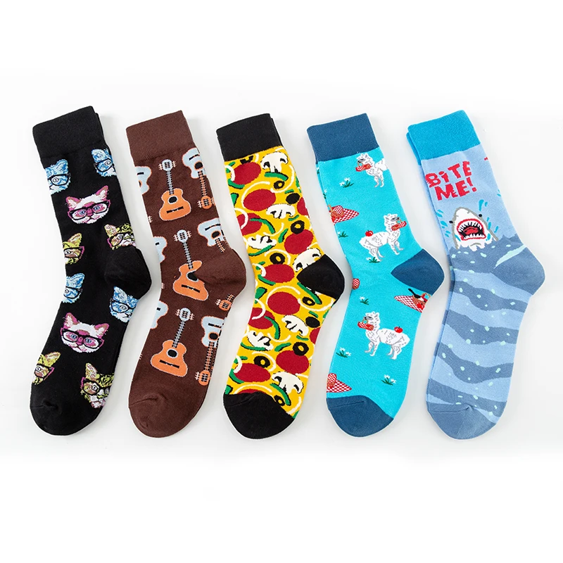 MODA MULAYA Happy Socks Men/Women Color Series Guitar Shark White Alpaca Mushroom Cat Head European Funny Socks Outdoor Sports