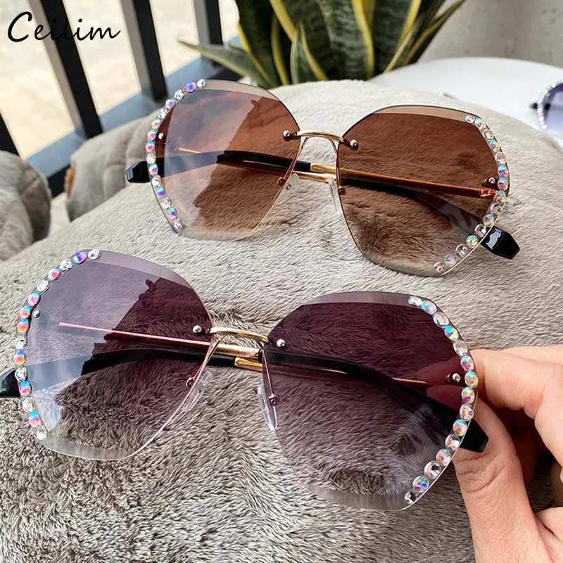 

Luxury Brand Crystal Diamond Rimless Sunglasses Women 2024 New Oversize Clear Gradient Sun Glasses Fashion Shades For Female