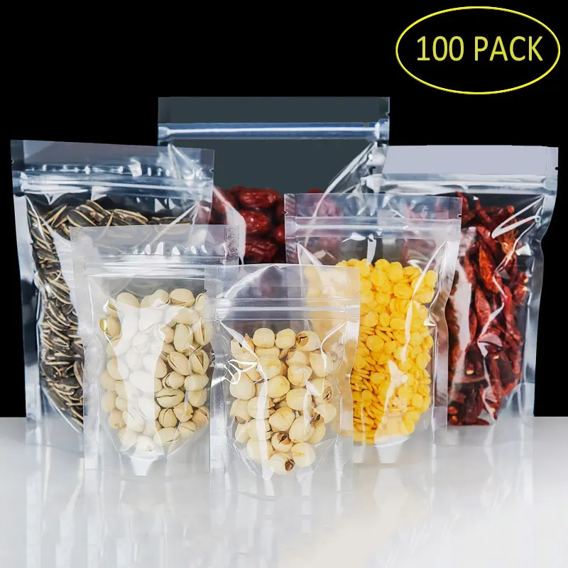 100pcs PET Transparent Zip Lock Plastic Bags Mylar Bag Ziplock Stand Up Food Spice Powder Packaging Pouch Clear Free shipping