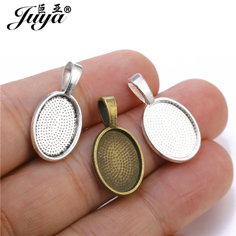 JUYA 30pcs/lot Fit 10x14mm Oval Glass Pendant Blank Settings Cabochons Bases Bezel Trays DIY Necklace Jewelry Making Accessories