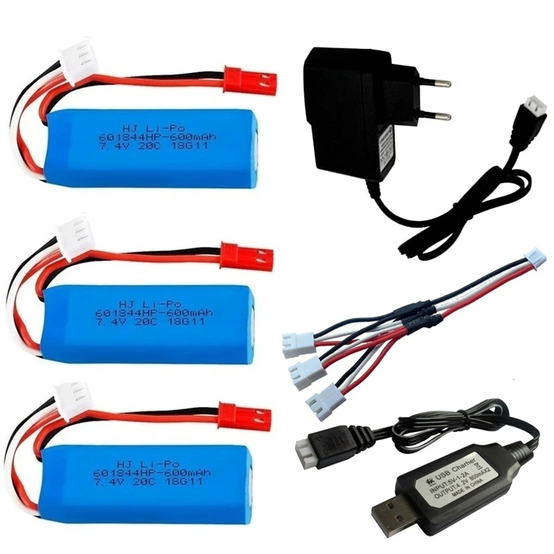 Upgrade 7.4V 600Mah Lipo Batterij Voor Wltoys K969 K979 K989 K999 P929 P939 Rc Auto Onderdelen 7.4V batterij Met 3 In 1 Charger Cable