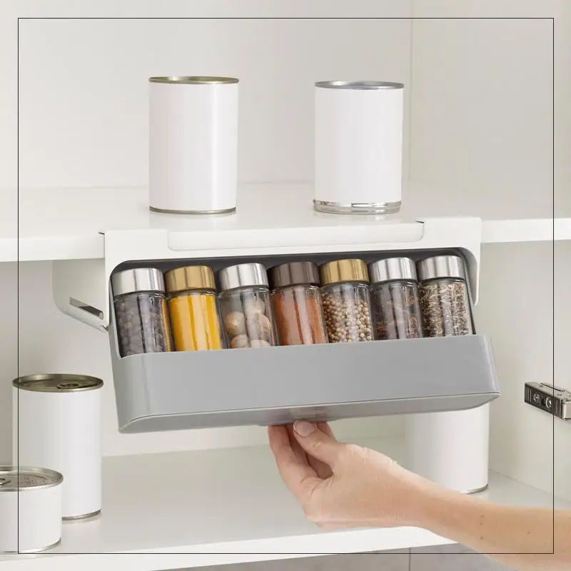 Home Kitchen Self-adhesive Wall-mounted Under-Shelf Spice Organizer Spice Bottle Storage Rack Kitchen Supplies Storage In Stock