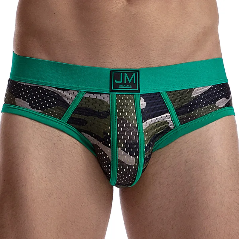 JOCKMAIL Fashion Camouflage Print Briefs Sexy Low Waist Mesh Underwear Large Size Ice Silk Fiber Men\'s Underpants