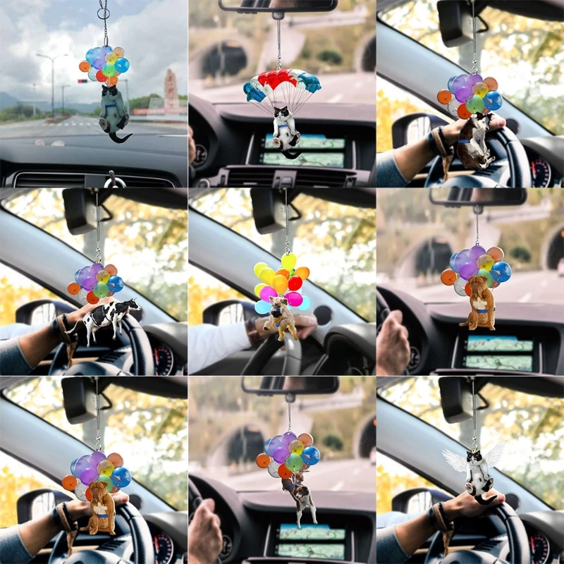 Cat Car Hanging Ornament with Colorful Balloon Cute Car Hanging Ornament Keychain Car Pendant Creative Cute Cat