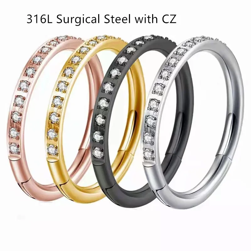 Lot20pcs 316L Surgical Steel Zircon Seamless Hinged Segment Ring Clicker Ear Cartilage 16G Hiphop Rock Nose Hoop Septum CZ Hot