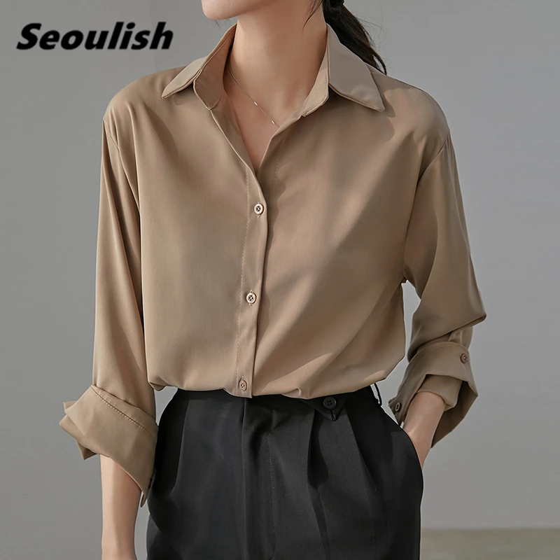 

Seoulish Spring Autumn Elegant OL Style Formal Women's Blouse Turn-down Single Breasted Long Sleeve Shirts Female Workwear Tops