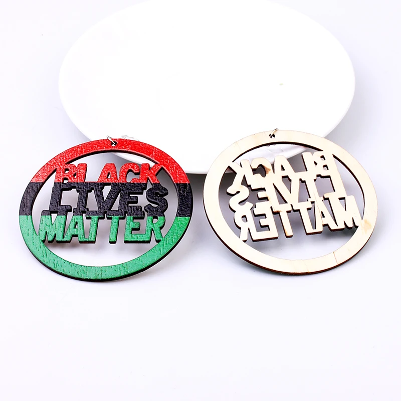 8CM Initial Letter Black Lives Matter Earrings Colorful Statement Hollow Big Round Boho Drop African Wooden Earrings For Women