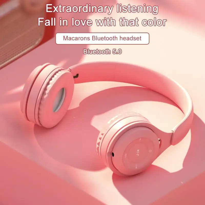 Bluetooth Wireless Headphones Macaron Color Hifi Music Auto Pairing Earphones Can Inserted TF Card Headsets