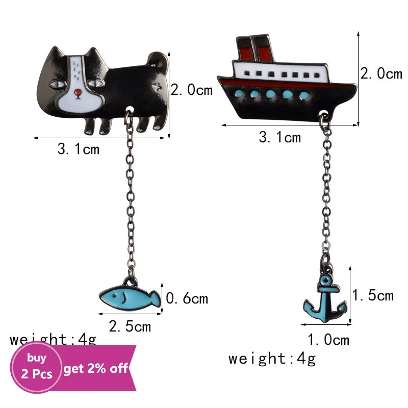 Cute Cartoon Cat Kitten Fish Sailing Boat Metal Brooch Pins with Chain Pin Denim Jacket Pin Badge Gift Jewelry