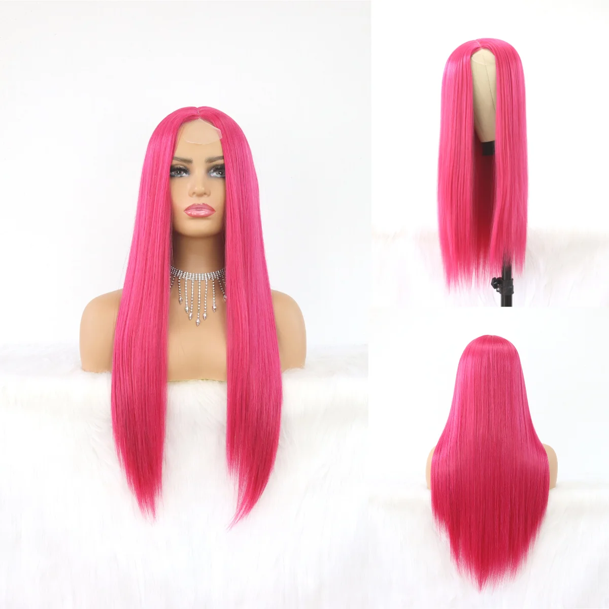 SALLYWELL Long Straight Hair Raspberry Pink Color Natural Hair Line  Lace Wigs for Fashion Women Heat Resistant Synthetic