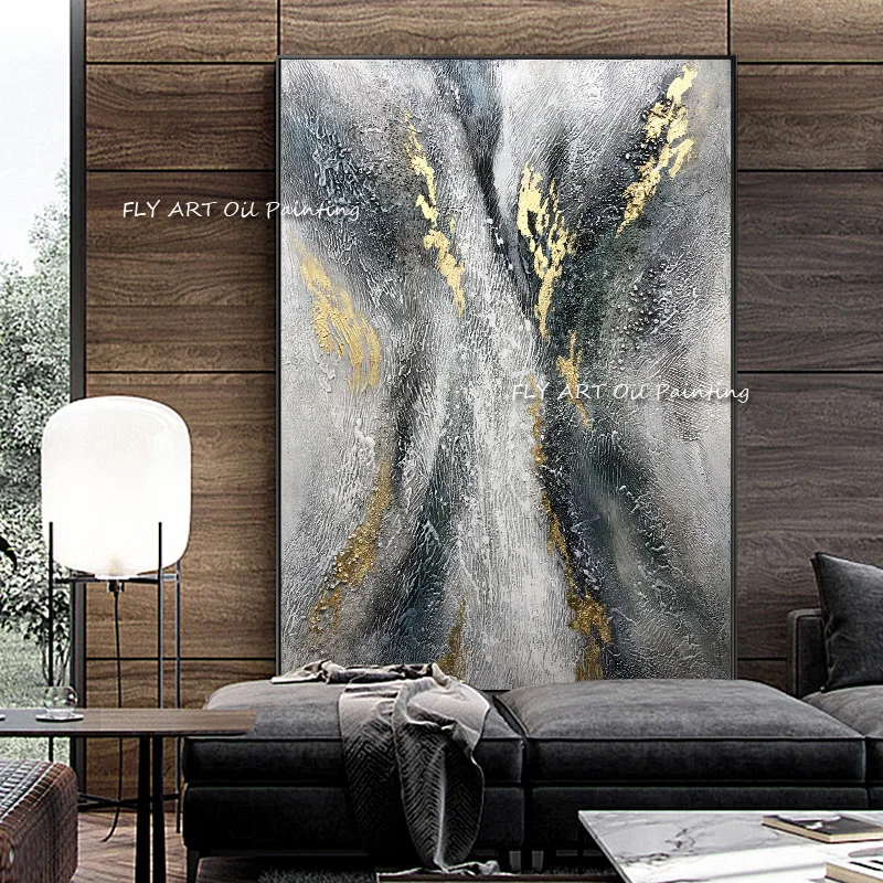 

Frameless Picture Hand Painted Abstract Gold Foil Oil Paintings on Canvas Handmade Wall Art Modern Art For Home Decoration