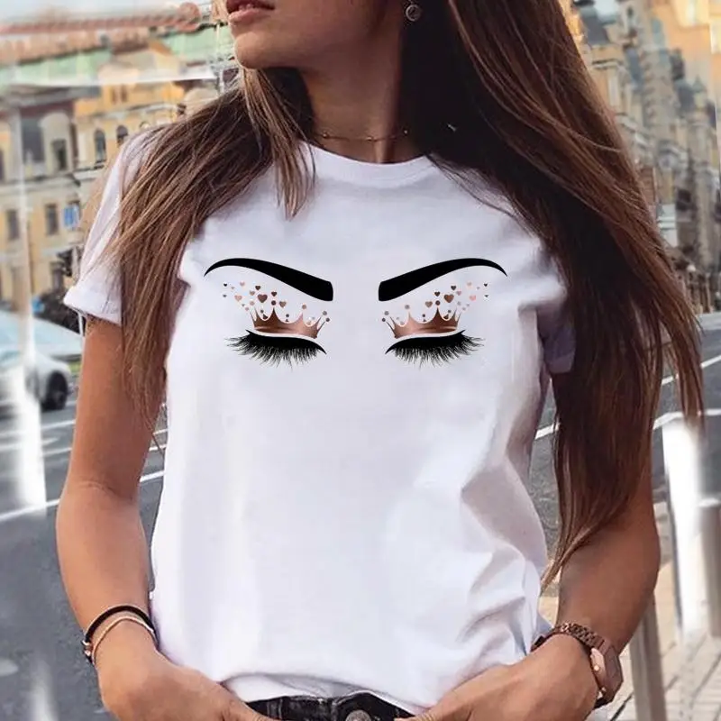 Women Watercolor New Cute Graphic 90s Make Up Eyelash Cartoon Summer Female Clothes Fashion Print Tops Tees Tshirt T-Shirt