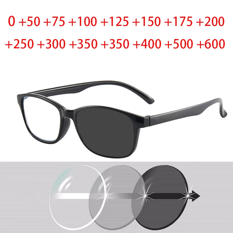 Square Hyperopia Diopter SPH 0 +0.5 +1 +1.5 +2 +2.5 +3 +3.5 +4 +4.5 +5 +6 Plastic Frame Photochromic Finished Reading Glasses