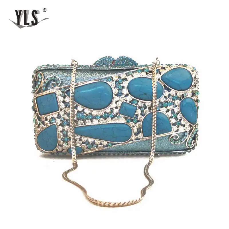 Brand Design Vintage Ladies Blue Gem Clutches Rhinestone Evening Party Purse Dinner Handbags Women Bride Wedding Bag