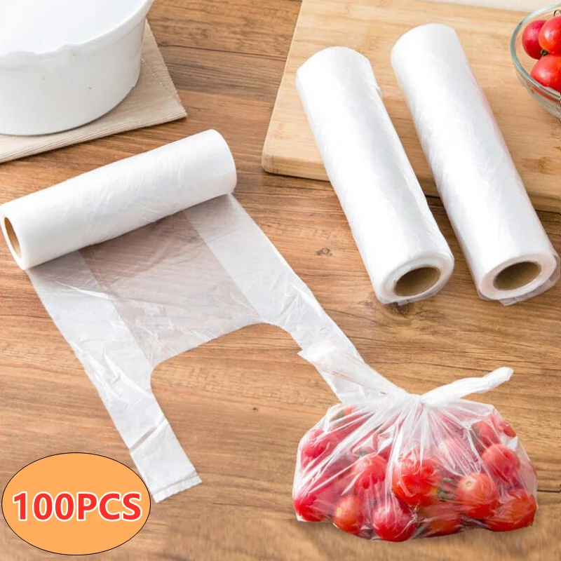 

100Pcs/Set Vest-Style Food Preservation Bag Household Food Bag with Roll Bag Disposable Thickened Hand Tear Bag 42cmx35cm