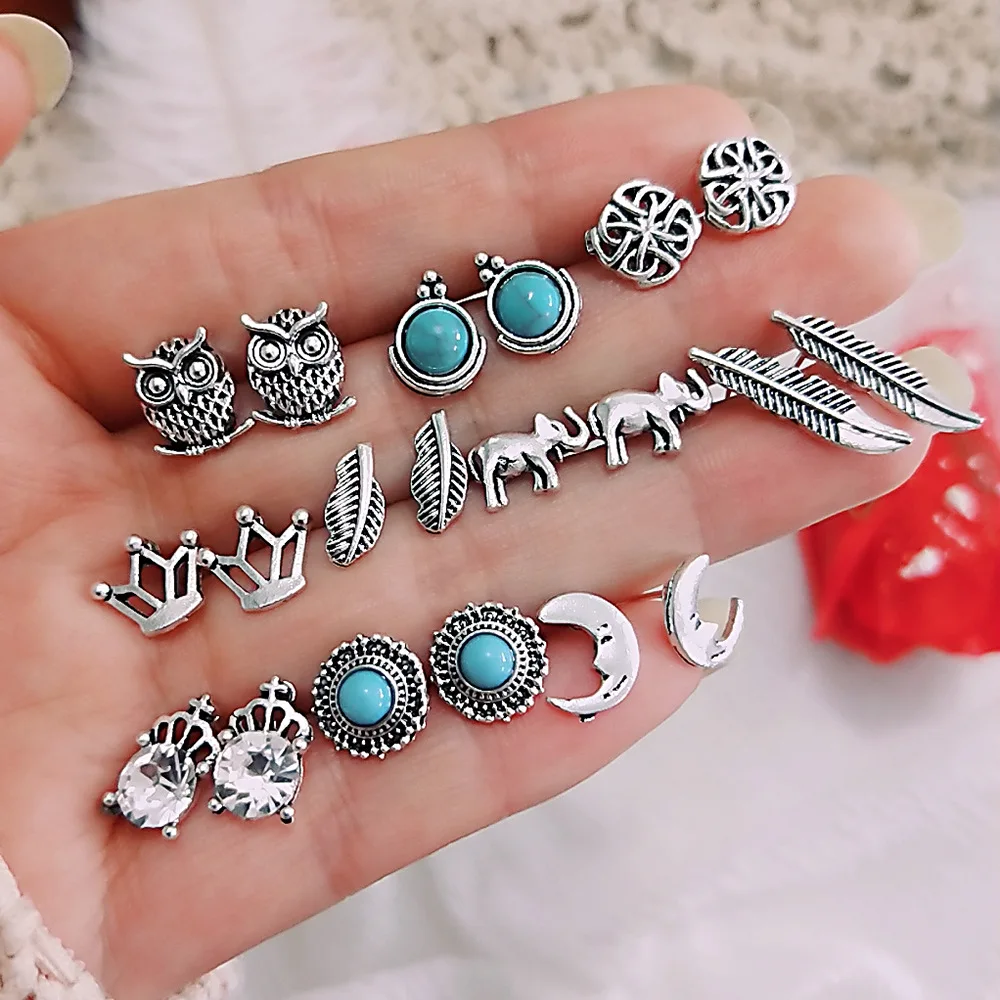 New Crystal Geometric Stud Earrings For Women Stone owl Snake Moon shell Vintage Earring Girls Boho Jewelry Gift