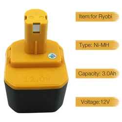 12V 3.0Ah NiMh Replacement Battery for Ryobi Cordless Drill Screwdriver B-1230H B-1222H B-1220F2 B-1203F2 1400652 BD-123 BD-122