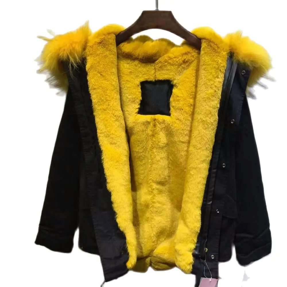 Yellow Real Rabbit Fur Parka With Remove Hoodies