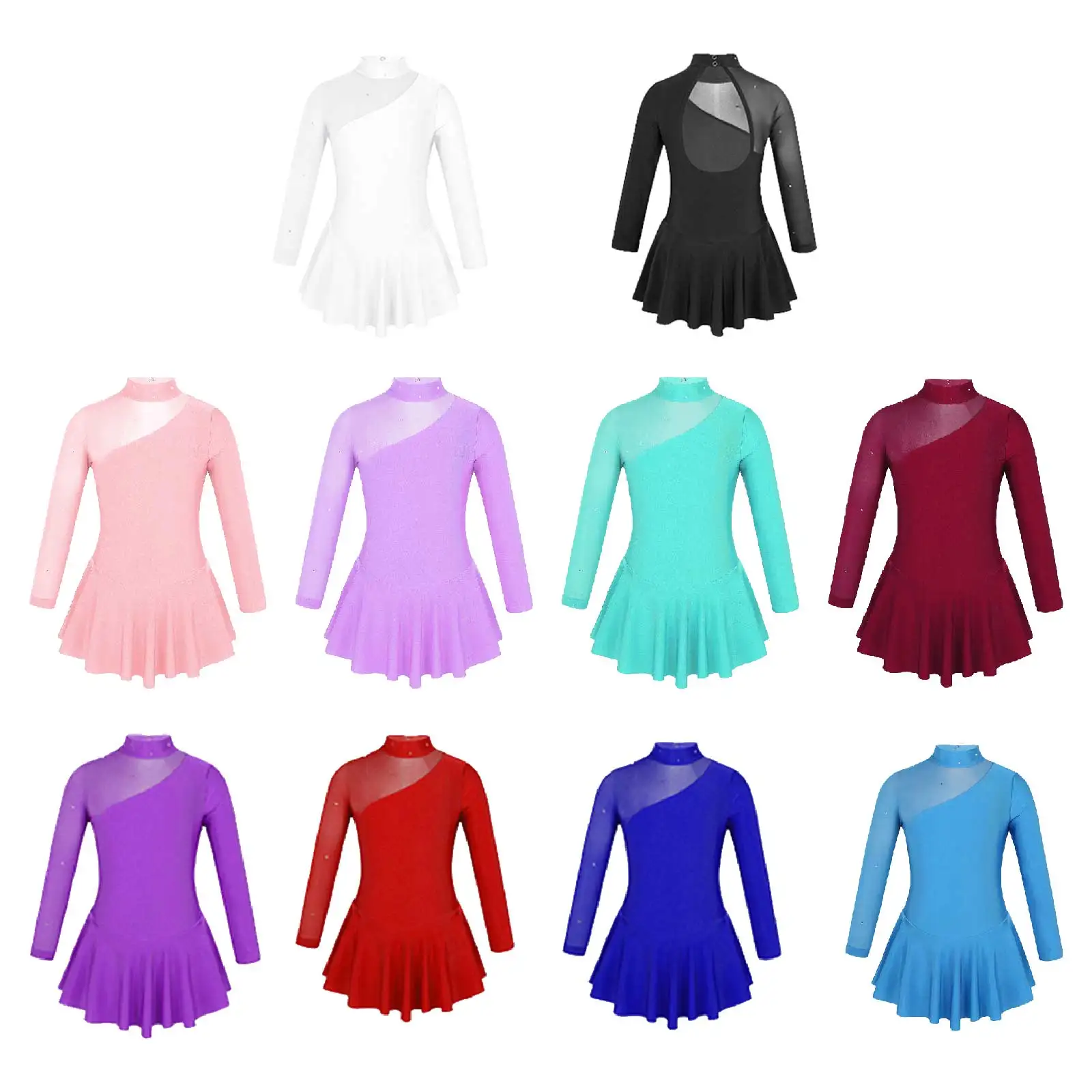 Kids Girls Long Sleeve Figure Ice Skating Dress Sheer Mesh Rhinestones Ballet Dance Leotard Tulle Hollow Roller Skating Dresses