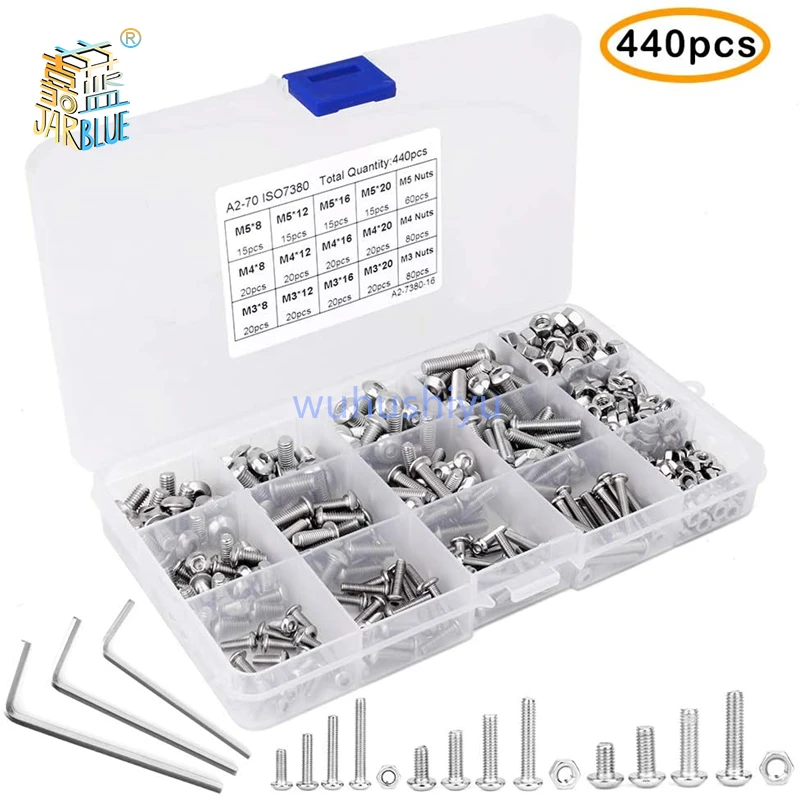 440pcs Bolts and Nuts Set M3 M4 M5 Stainless Steel SIO 7380 Hex Socket Button Head Cap Screws Bolts Nuts Assortment Kit Screw