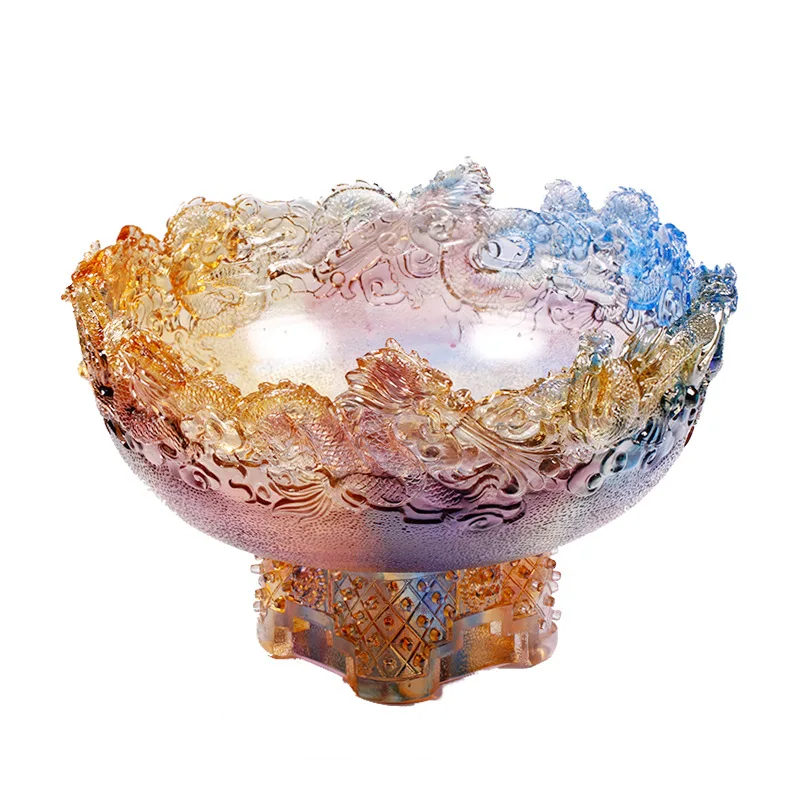 Nine Dragon Design Luxury Royal Glass Home Decorate Plate Bowl Ornament Agate Treasure Basin Crystal Cornucopia For Fortune