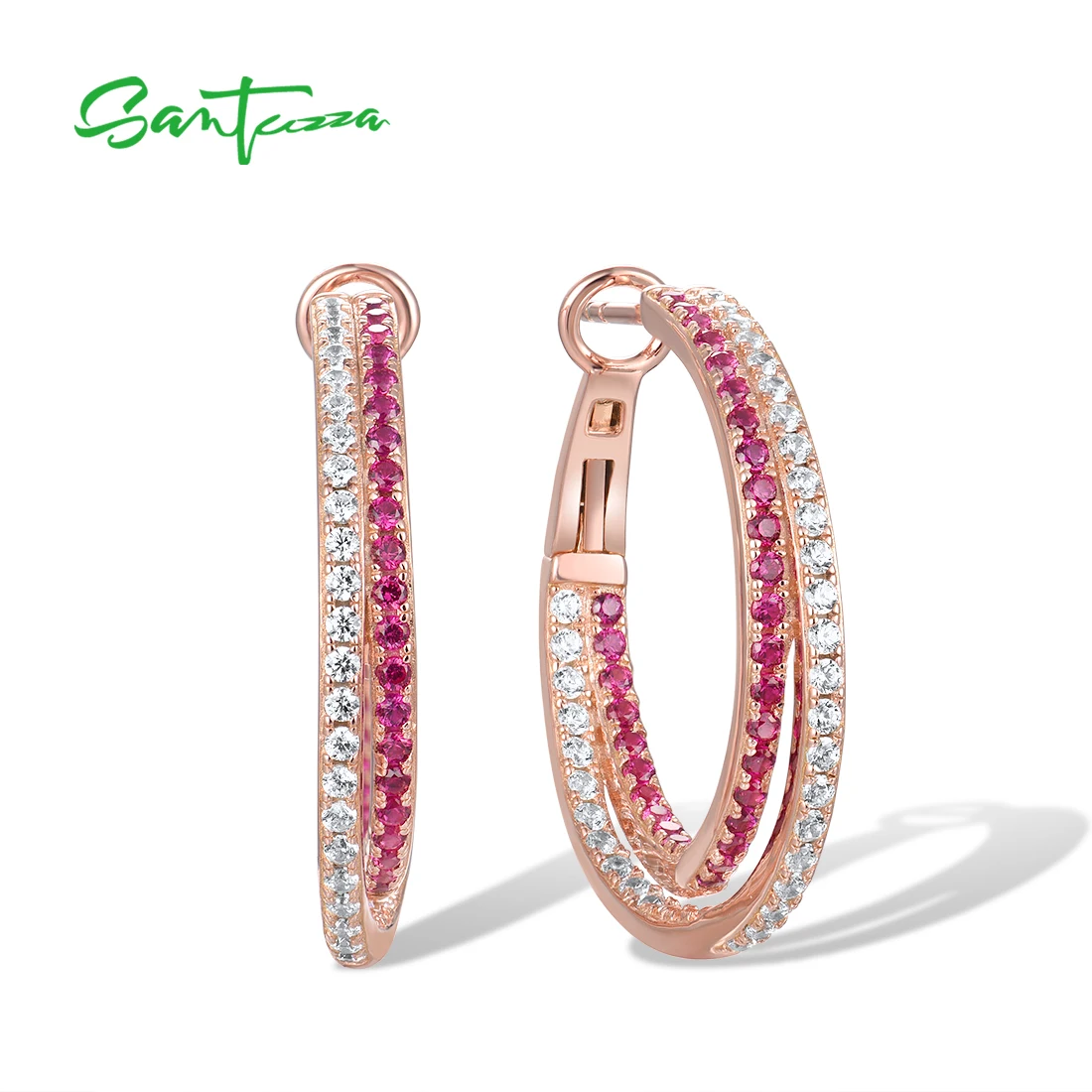 

SANTUZZA Pure 925 Sterling Silver Hoop Earrings For Women Sparkling Lab Created Ruby White CZ Glamorous Fashion Fine Jewelry