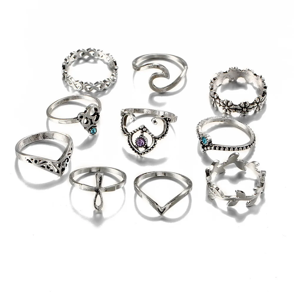 10 pcs/set Bohemia Antique Crystal Hollow carved flowers Crown Carved Rings Set Knuckle Finger Joint Ring for Women Jewelry Gift