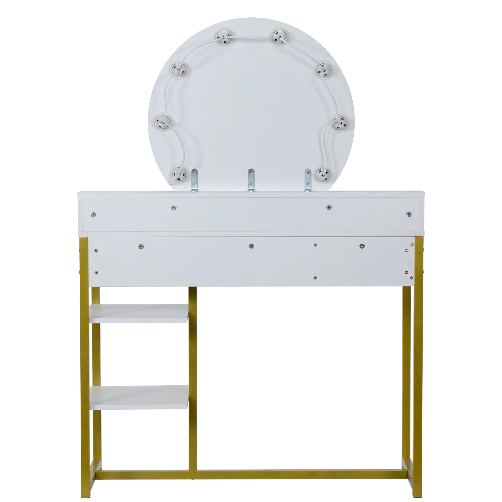 Dresser Dressing Table Single Round Mirror 1 Drawer 2-Layer Shelf Rack Golden Steel Frame White 100x40x78.5-140CM[US-Stock]