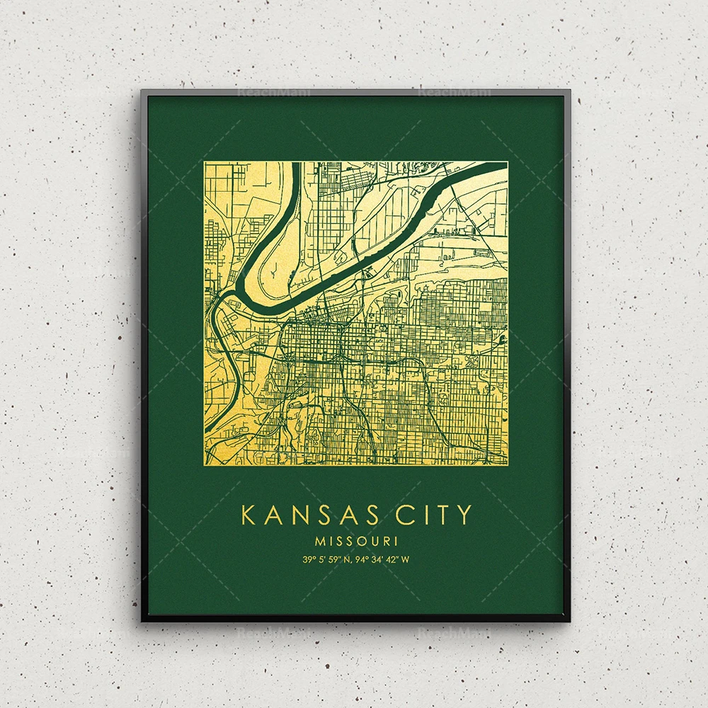 Impresión de mapas de Kansas City, mapa cuadrado de Kansas City dorado y plateado, decoración de pared de la ciudad de Kansas, mapa de la calle de Kansas City, regalo para f