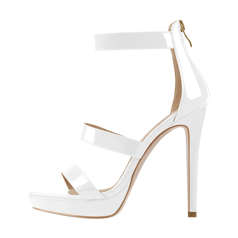 Onlymaker Women Platform Summer Sandals Patent Leather Narrow Cover Heel Thin High Heels Shoes Zipper Large Size Band Sandals