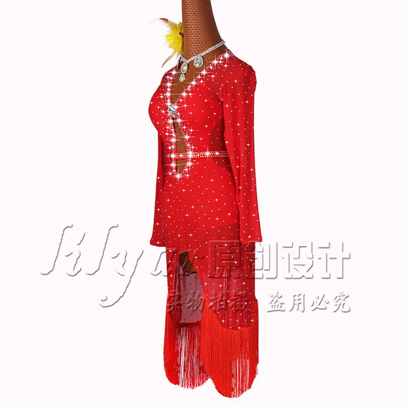 Latin Dance Dress Latin Skirt Competition Dress Costumes Performing Dress Practice Skirt Customize Adult Kids Lady Red Mesh New