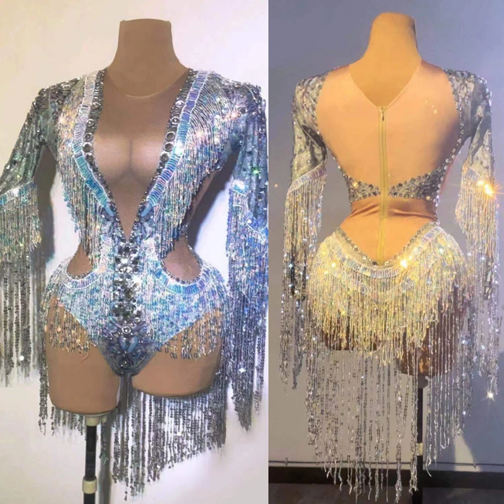 Sprankelende Zilveren Kwastje Vrouwen Strass Bodysuits Crystal Bodycon Lange Mouwen Latin Dance Kostuum Party Podium Nachtclub Kostuum