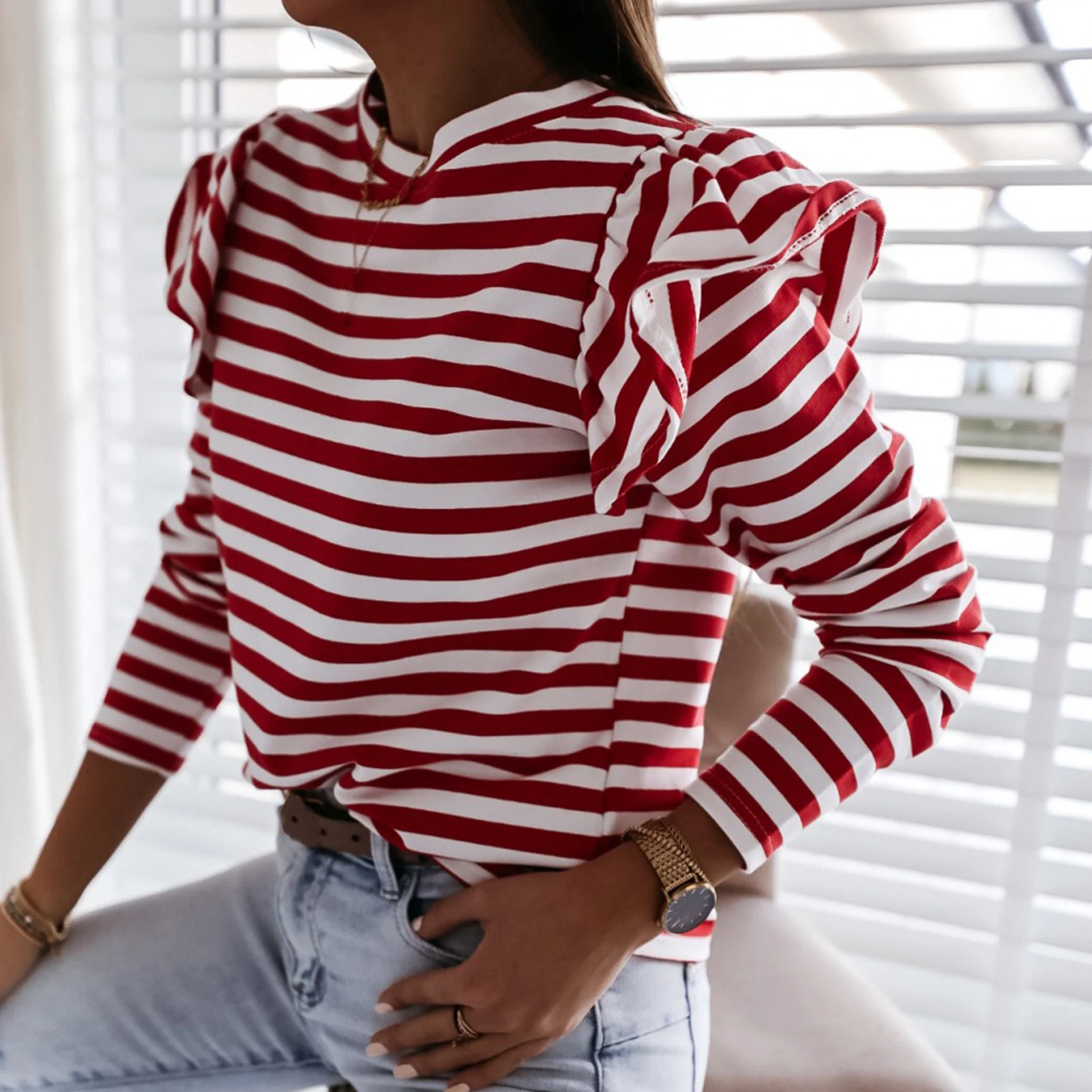 woman sweaters Fashion Autumn Striped Ruffles Blouse Long Sleeve woman sweaters O Neck Pullover Top свитера женские 2020