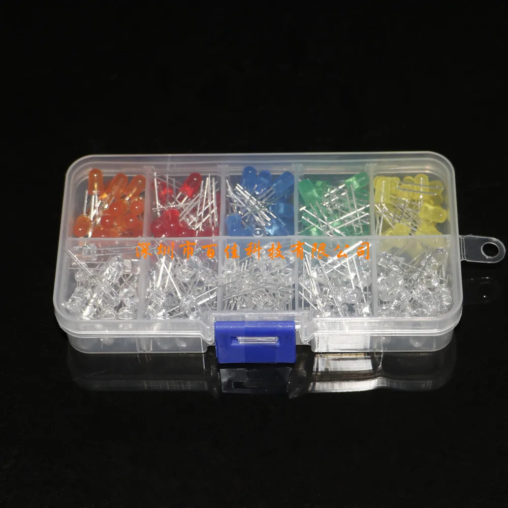 200Pcs 5mm red green yellow orange blue transparent LED round light emitting diode box